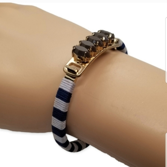 J.CREW VINTAGE BLUE & WHITE STRIPED & JEWEL DETAIL HINGED GOLDTONE BRACELET - Picture 3 of 7